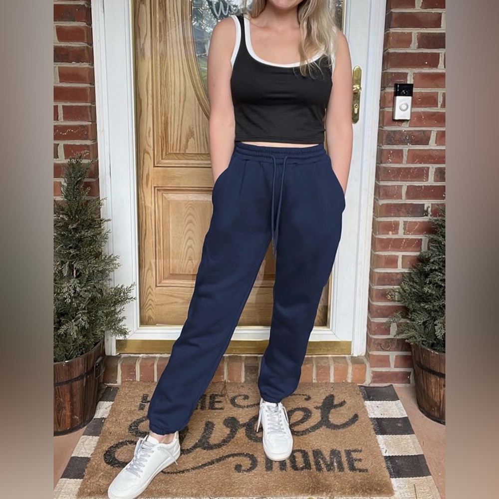 Woman’s Navy Blue Warm Fleece Lined Elastic Waist Joggers with Pockets (M) NWT - Picture 3 of 6